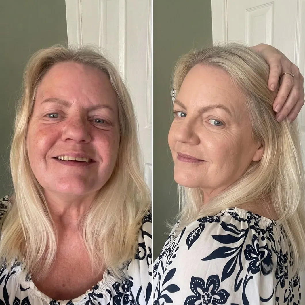 A customer's face before and after the foundation